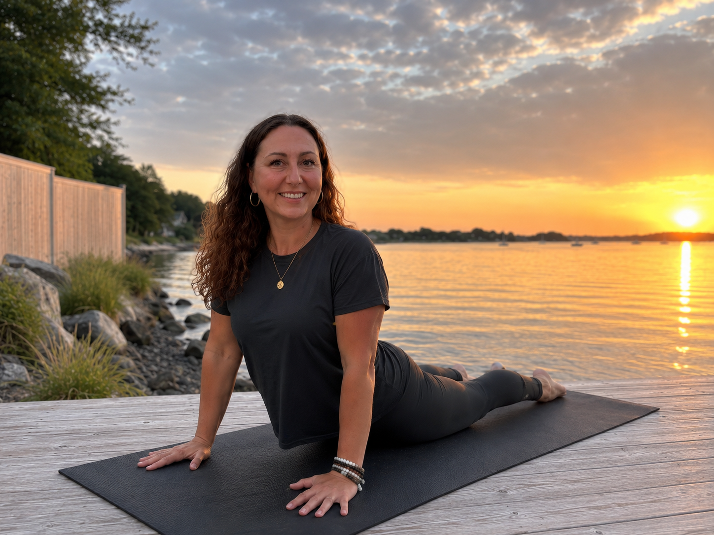 Woman practicing yoga in a downward dog pose on a mat by a lake during sunset, with trees and houses in the background.