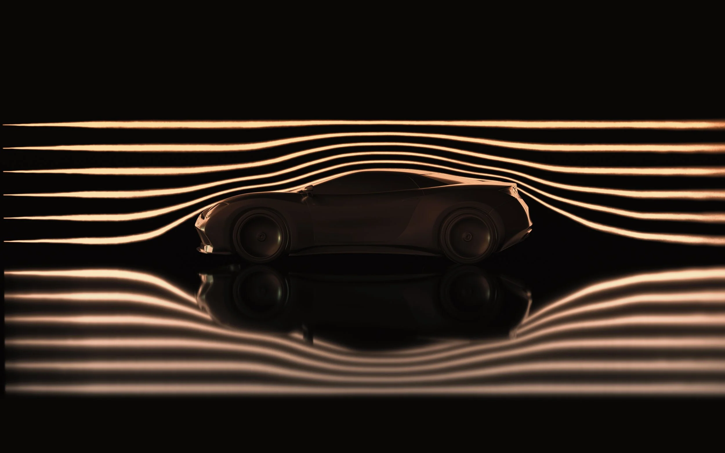 A sleek, black sports car with smooth curves, set against a backdrop of glowing, horizontal light lines creating a futuristic and dynamic atmosphere.