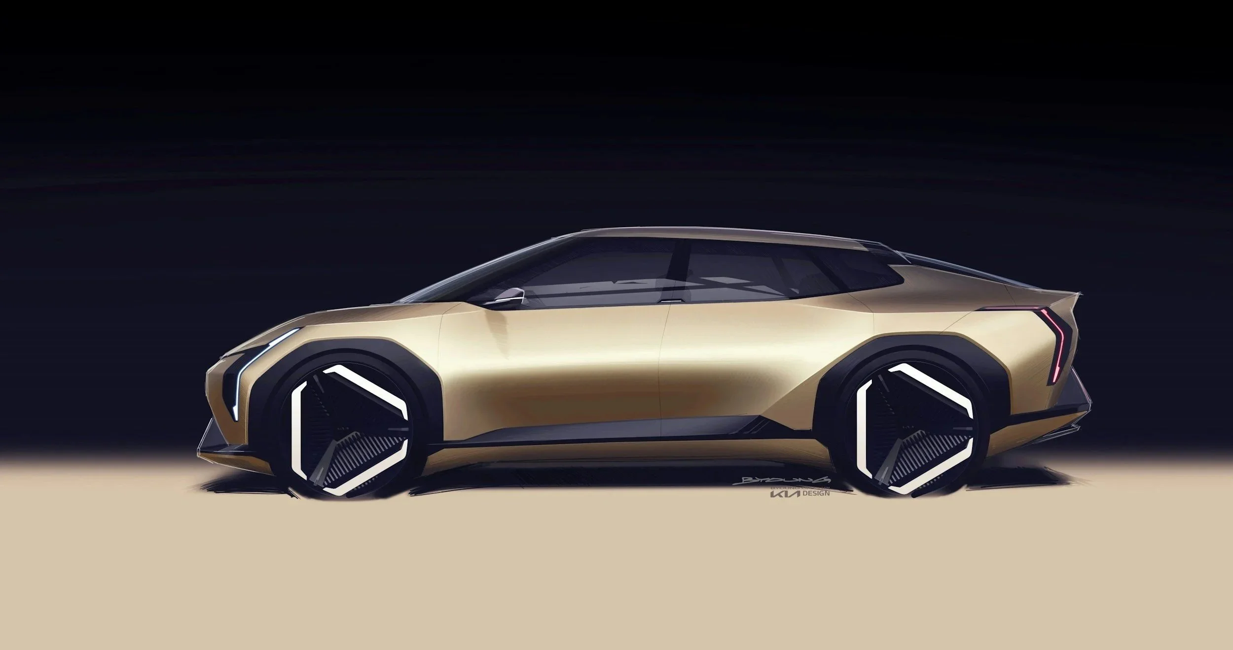 A futuristic concept car with a sleek design, gold color, and large black wheels with white accents, set against a dark background.