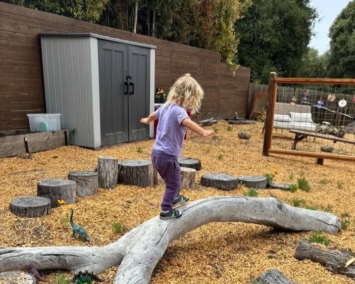 Child with curly blonde hair playing on a large fallen tree in a backyard with outdoor play area and wood fencing.