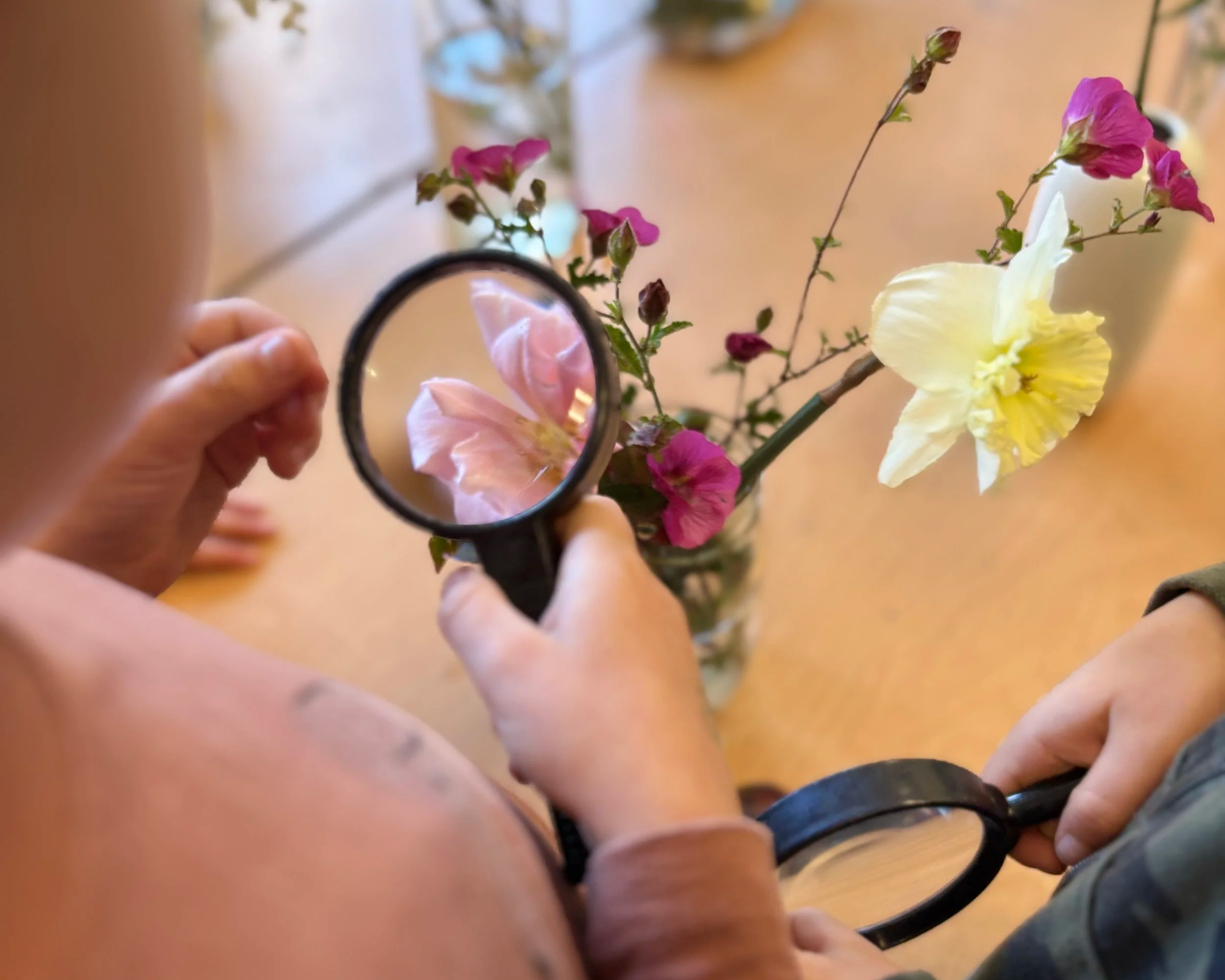 Person holding a magnifying glass over a flower arrangement with pink, white, and purple flowers on a light-colored table.