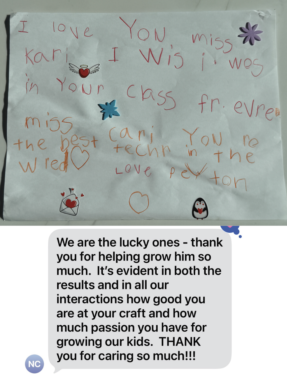 A handwritten thank you card with colorful stickers, including a purple flower, a blue flower, a flying heart with angel wings, and a penguin, conveying appreciation for a teacher.