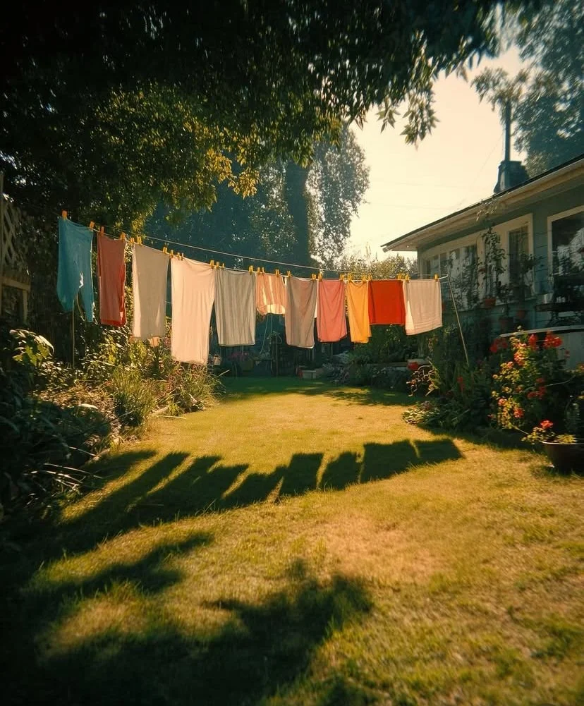 Clothes hanging on a clothesline in a backyard, with a house to the right and trees overhead, bathed in late afternoon sunlight. A neighborhood yard in Eastern North Carolina.