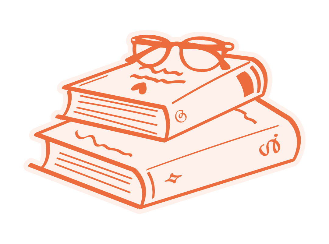 Illustration de deux livres empilés, avec des lunettes de soleil posées sur le livre du dessus.