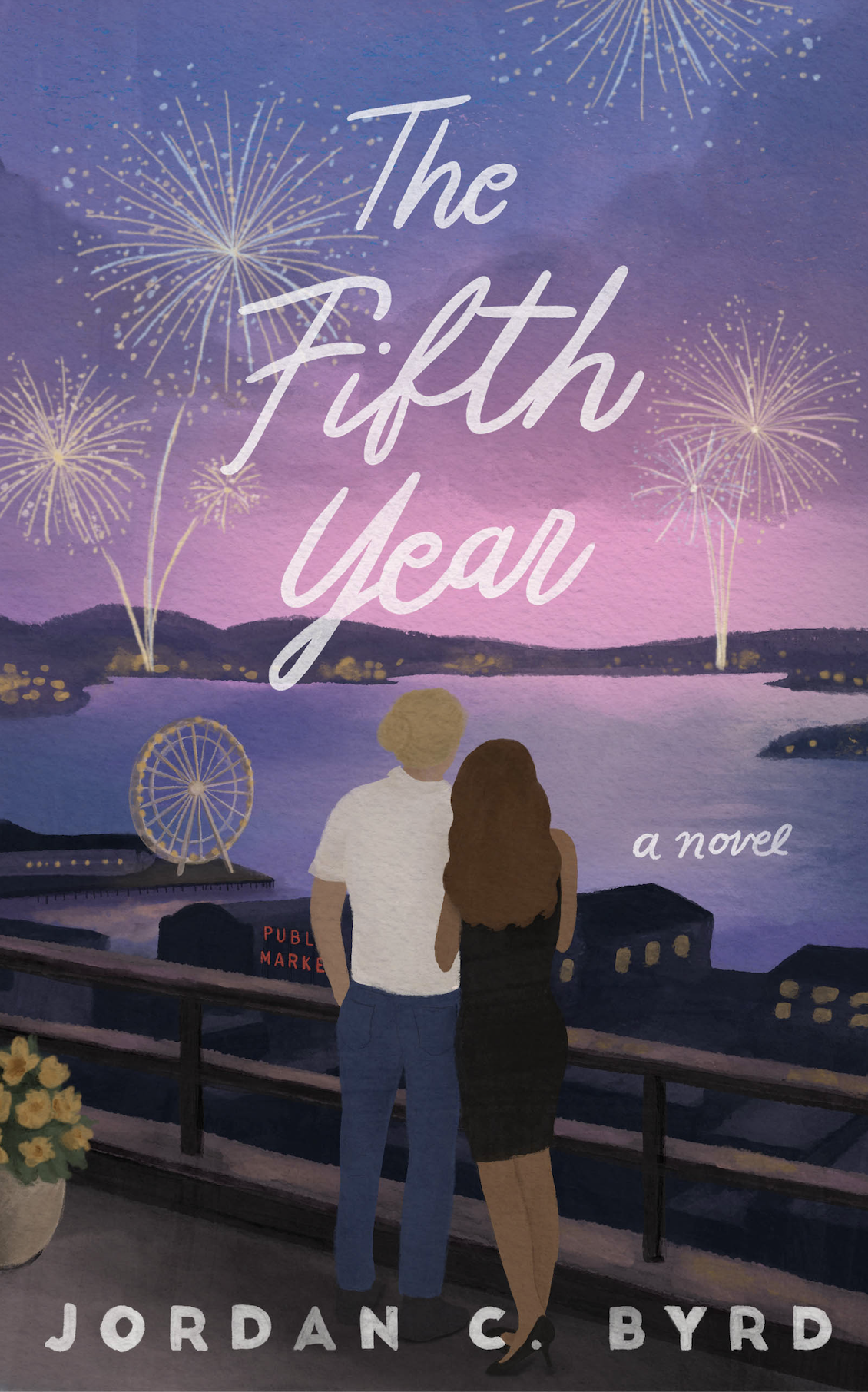 Book cover titled 'The Fifth Year' by Jordan C. Byrd, featuring an illustration of a couple standing by a railing overlooking a lake with fireworks in the sky at twilight.