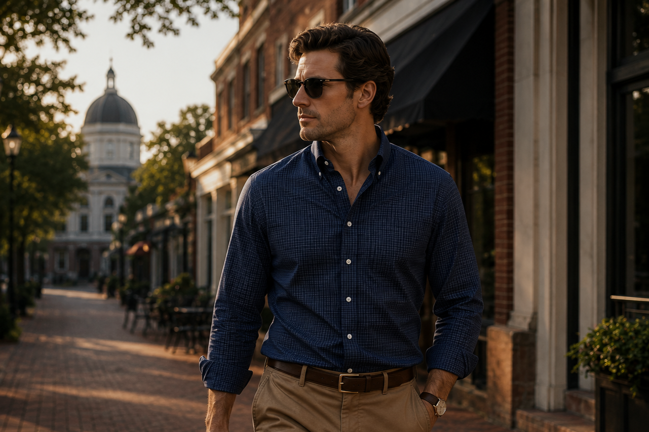 A man in sunglasses wearing a blue checkered shirt and khaki pants walking on a sidewalk in a downtown area during golden hour.
