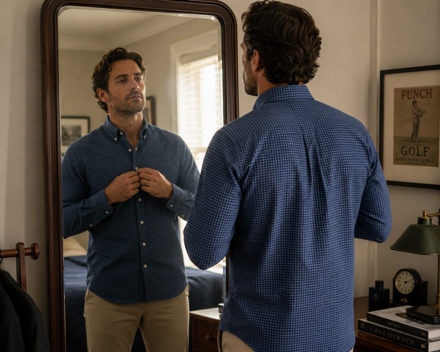 A man adjusts his blue checkered shirt while looking at his reflection in a mirror in a bedroom, with a framed golf poster on the wall and a desk with books, a clock, and a lamp.