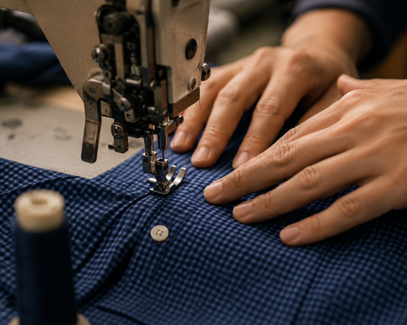 Close-up of hands guiding fabric through a sewing machine for tailoring or clothing production.