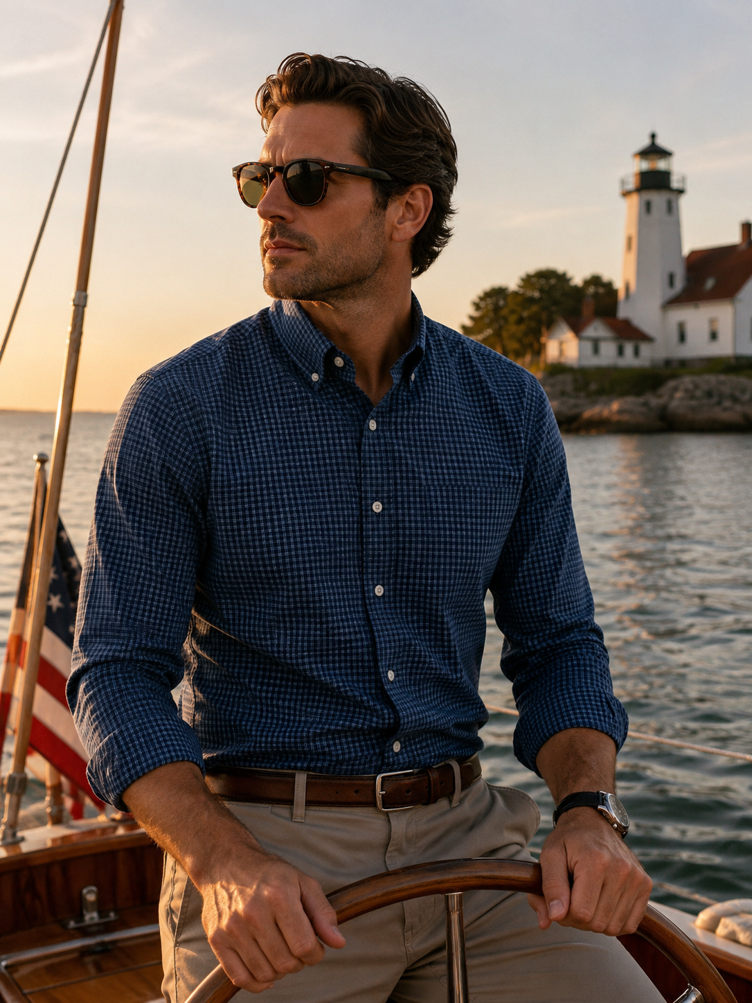 A man in sunglasses steering a boat at sunset with a lighthouse in the background.