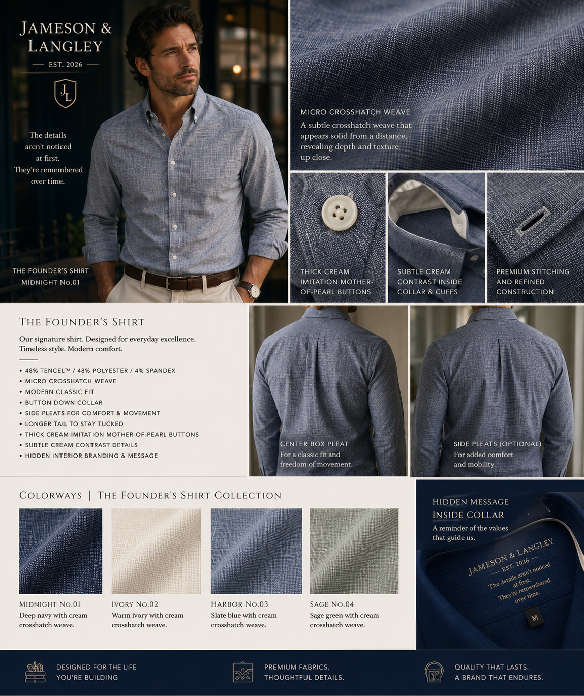 A detailed product information sheet for Jameson & Langley, featuring a man in a light blue patterned dress shirt. The sheet highlights fabric details, collar options, stitching, and colorways, including midnight, ivory, harbor, and sage, with images of the shirt from both front and back perspectives.
