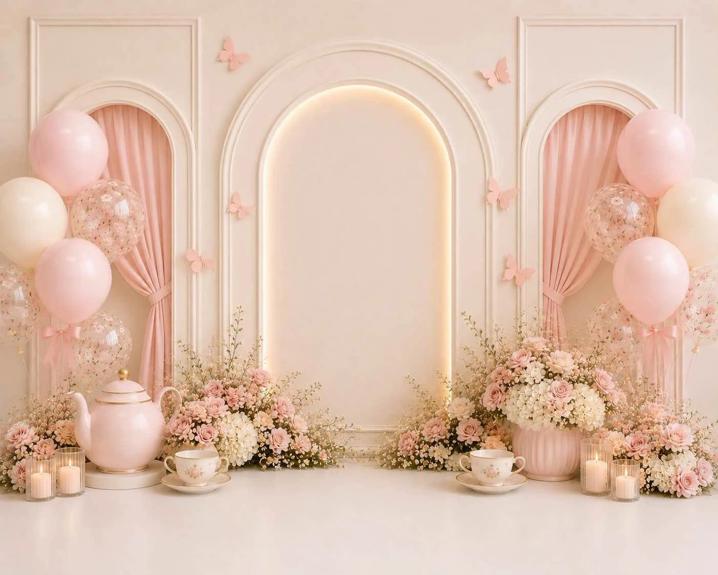 Pink and white floral wedding setup with balloons, tea cups, and candles.