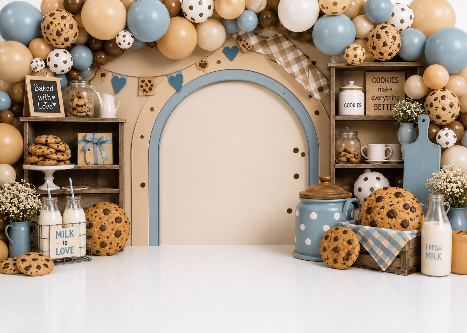 Decorative cookies, milk, and flowers arranged on wooden shelves and table, with balloons in beige, brown, white, and blue around a backdrop with a blue and beige arch. Signage reads 'Baked with Love' and 'Cookies make everything better'.