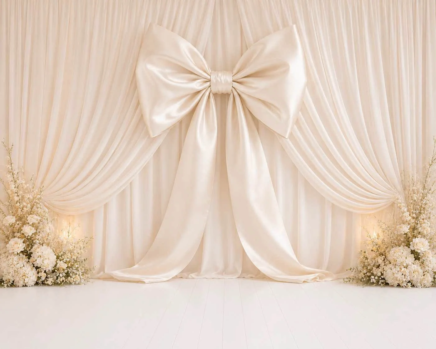 Cream-colored draped fabric background with a large satin bow at the center and floral arrangements on both sides.