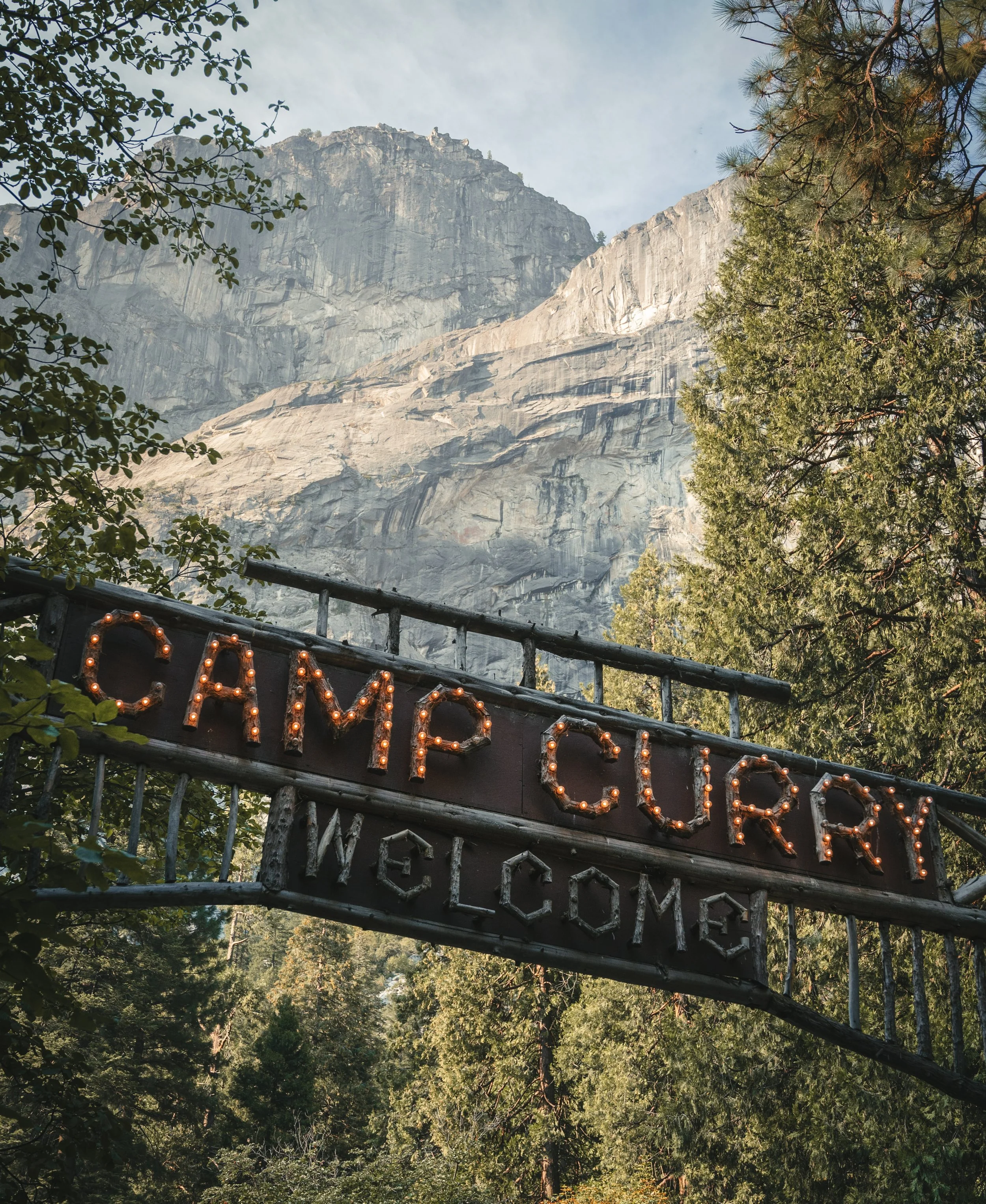 rustic sign of Yosemite’s Camp Curry