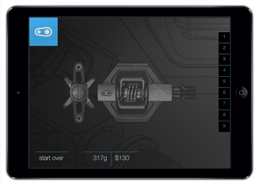 The crankbrothers custom pedal app, called The Candy Store
