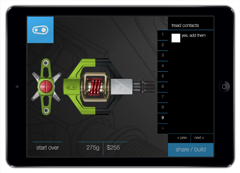 Prices and weights changed as customers build their pedals.