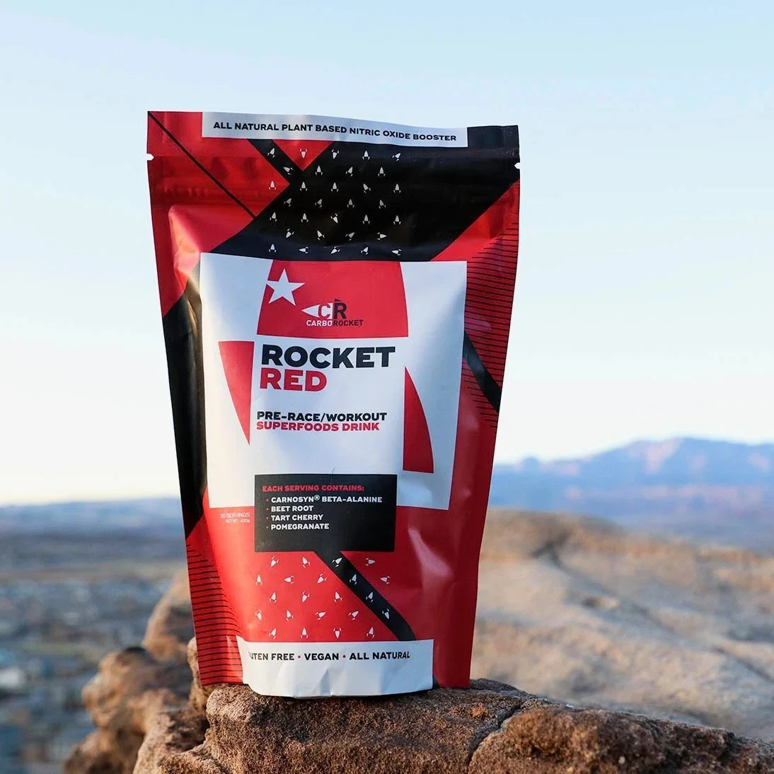 Packaging design for CarboRocket’s Rocket Red pre-race drink