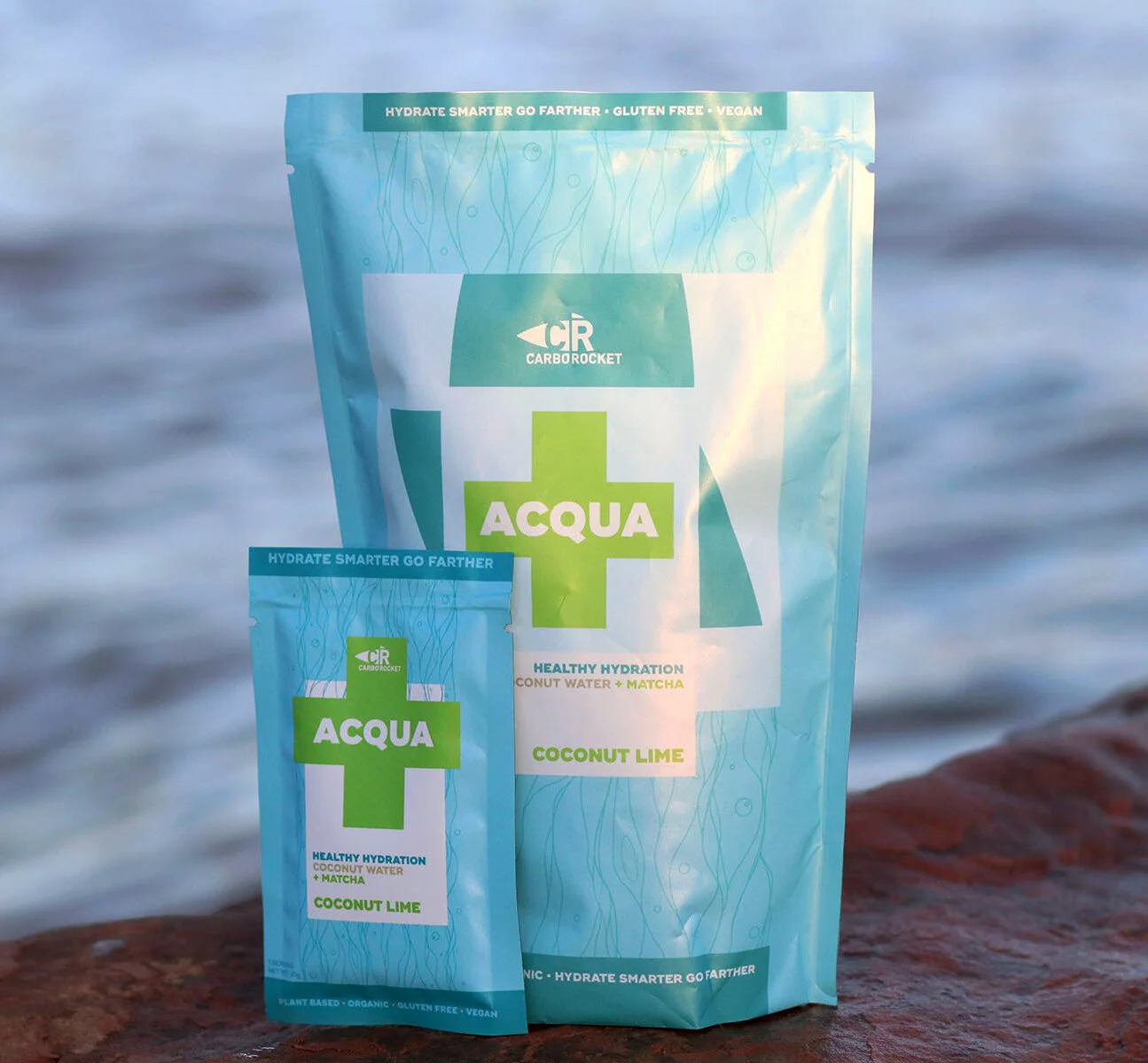 CarboRocket Acqua hydration packaging in full size and single serving