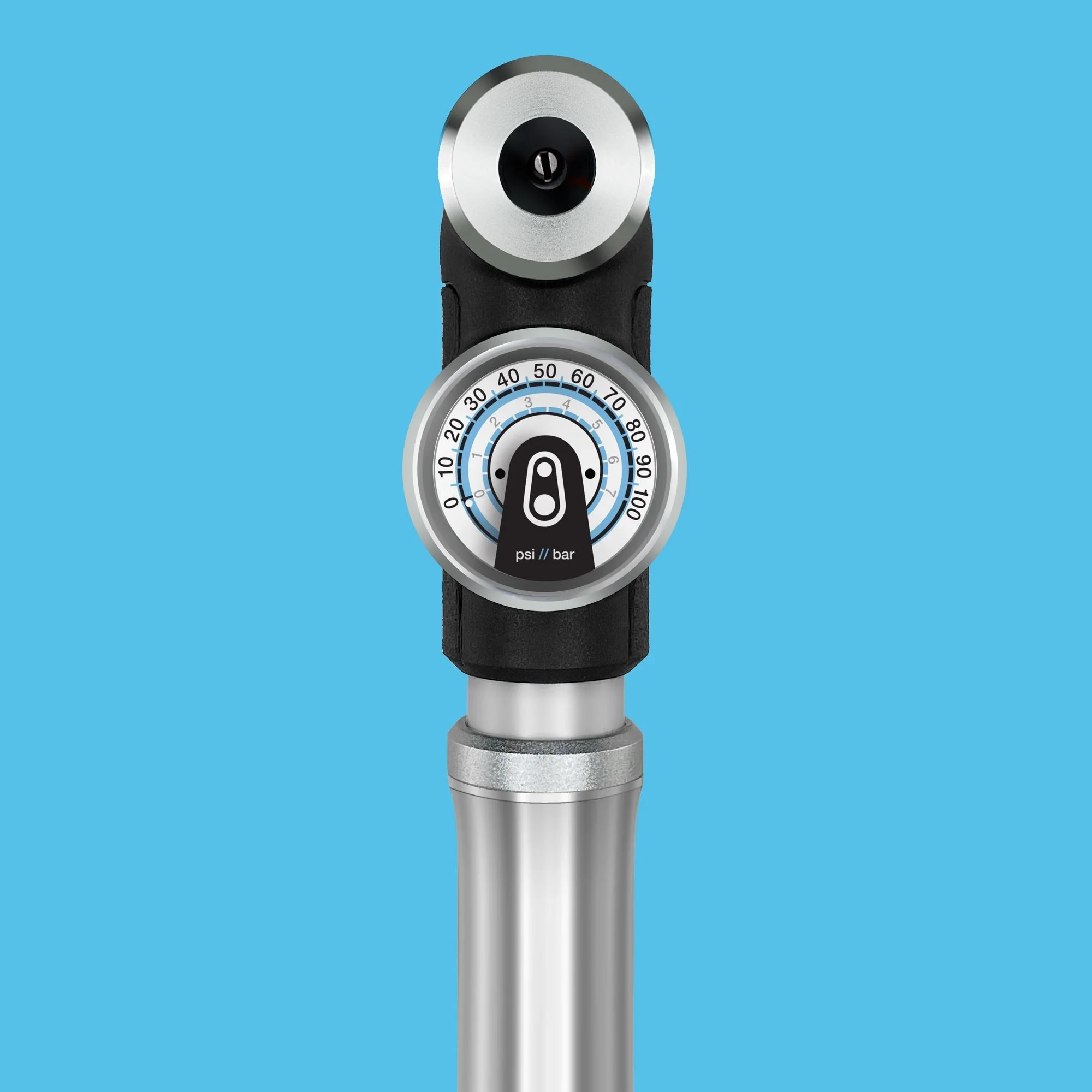 A close-up view of a tire pressure gauge displaying pressure in psi on a silver and black dial, with a blue background.