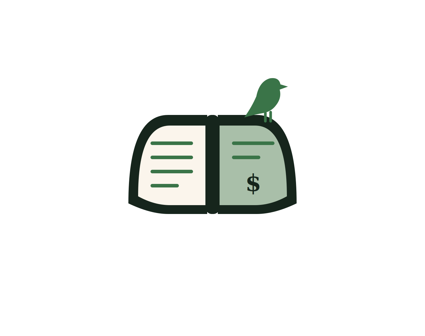 Illustration of a divided lunchbox with a bird perched on top. The lunchbox has sections with food items and a dollar sign.