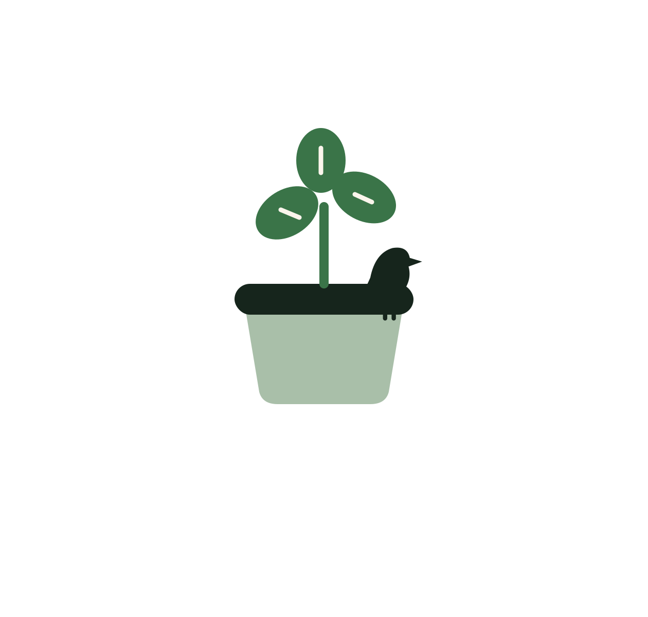 A minimalist illustration of a potted plant with three large green leaves and a small bird resting on the edge of the pot.