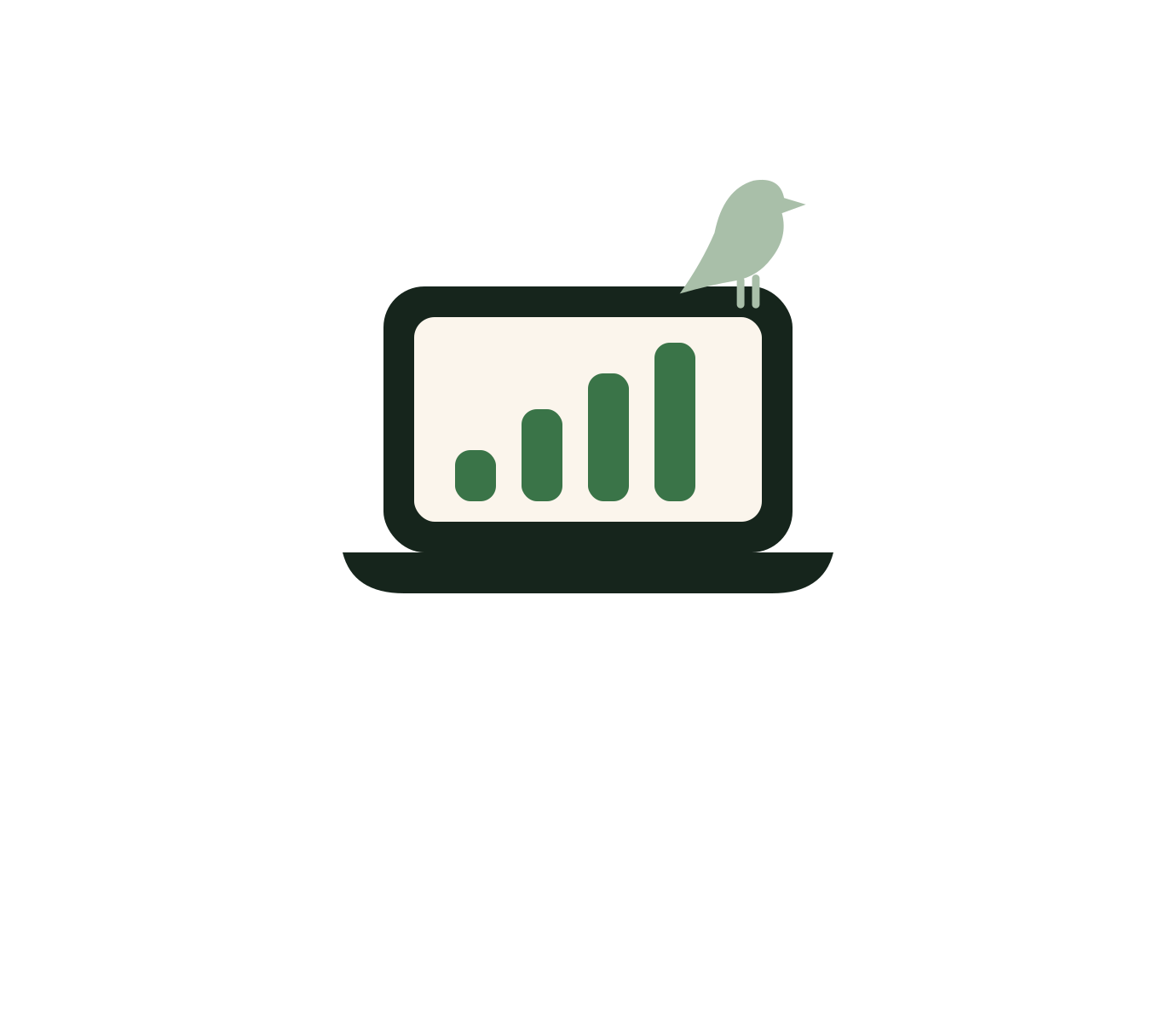 A laptop displaying a rising bar graph with a small bird perched on top of the screen.