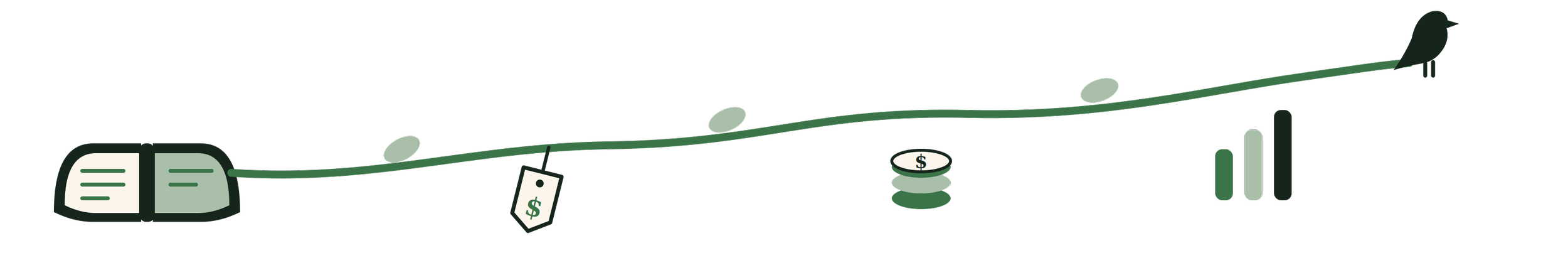 Financial growth graph with a bar chart, coins, dollar signs, and a price tag, showing upward trend.