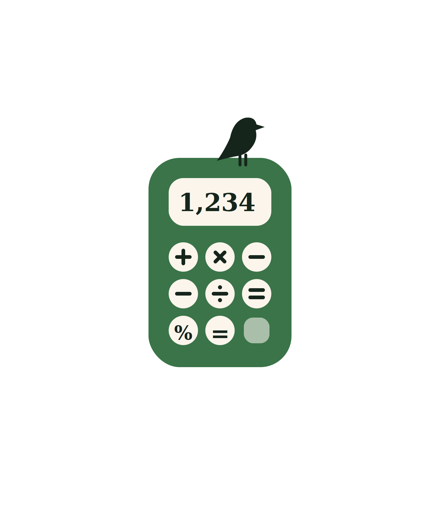 Green calculator with white buttons and a small bird perched on top, displaying the number 1,234.
