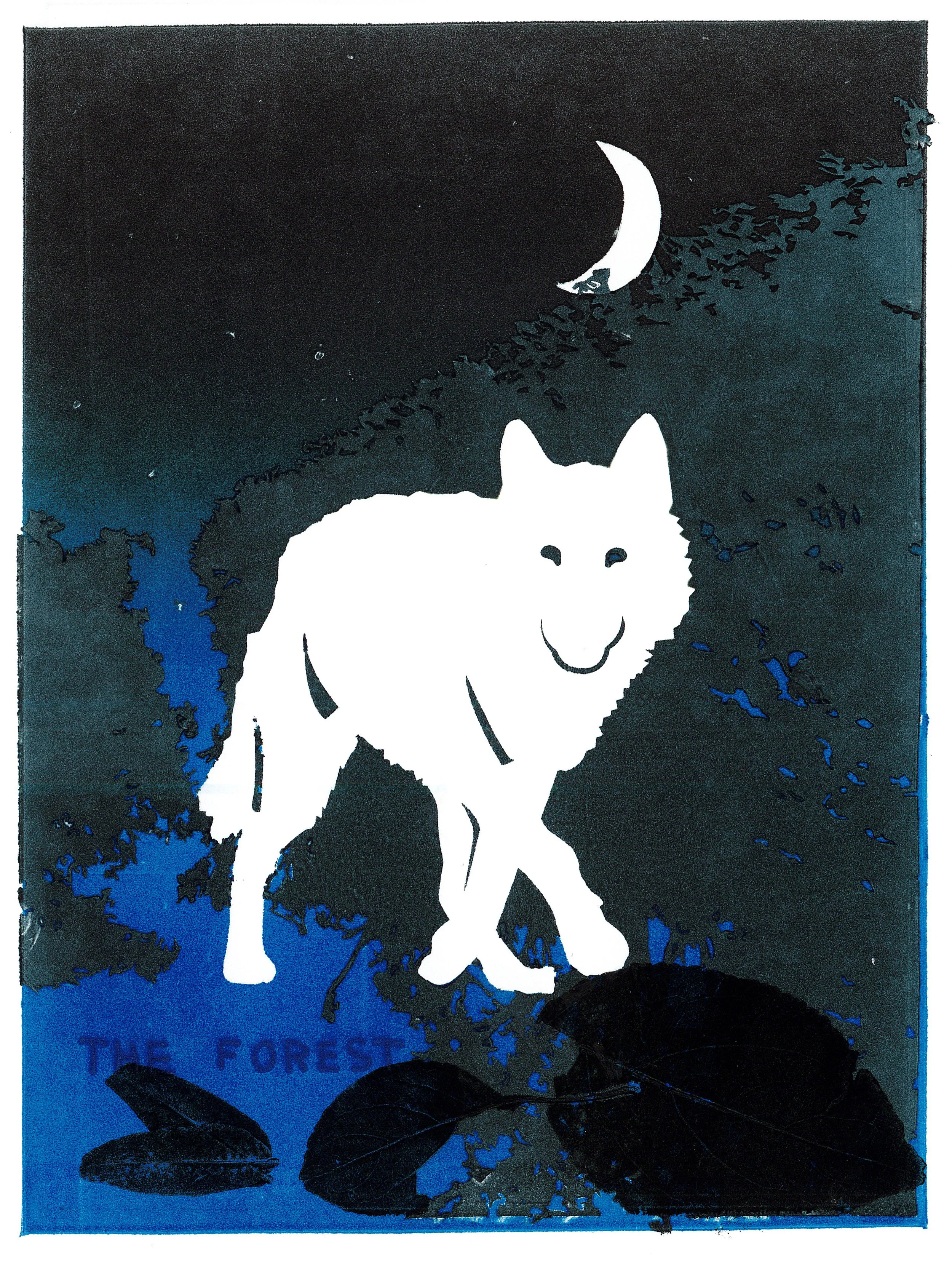 Wolf print with black and blue sky, white moon and stars, and white wolf