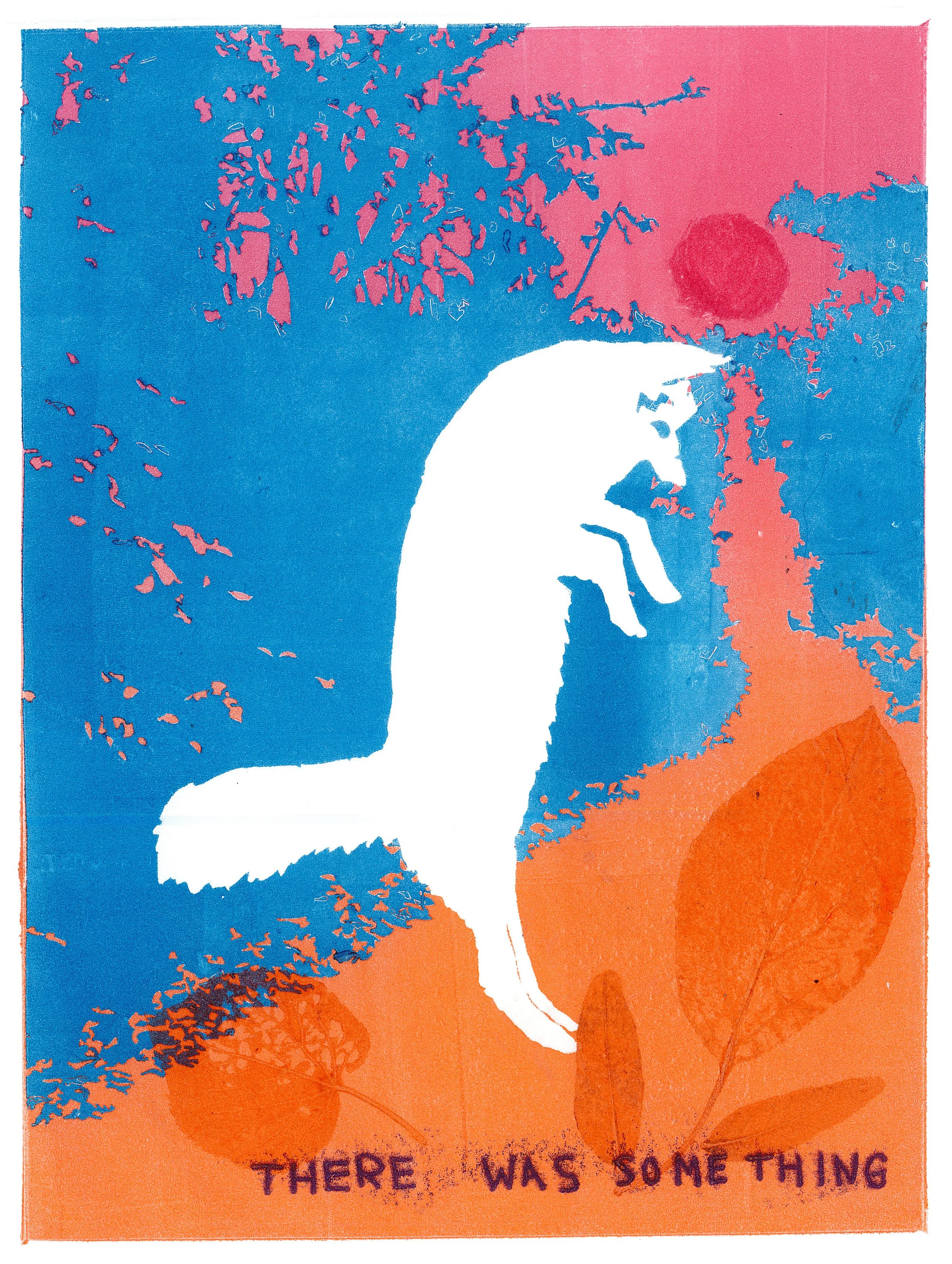 Fox print with pink and orange sky and white fox