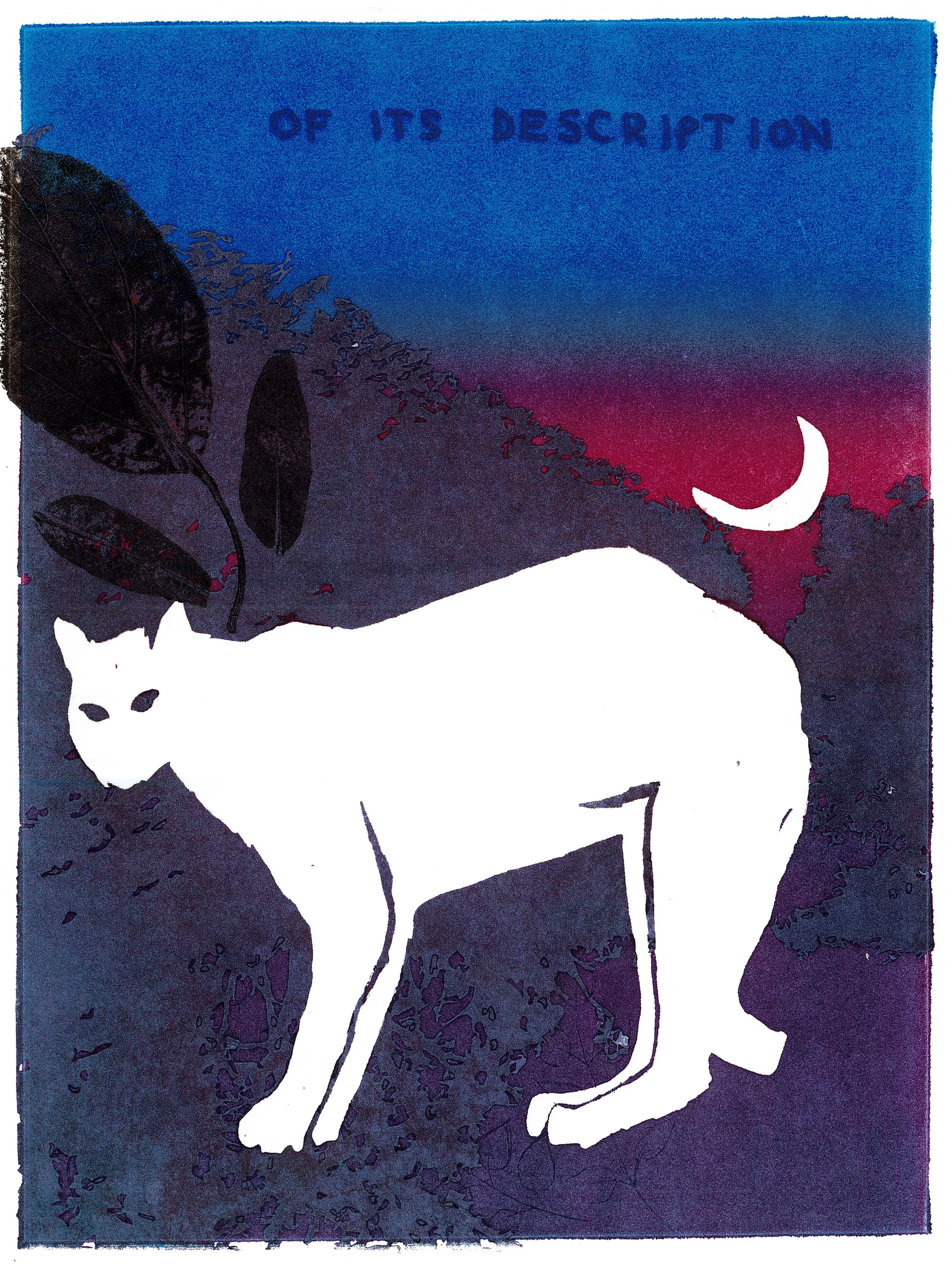 Cougar print with blue, red, and purple sky, white moon, and white cougar