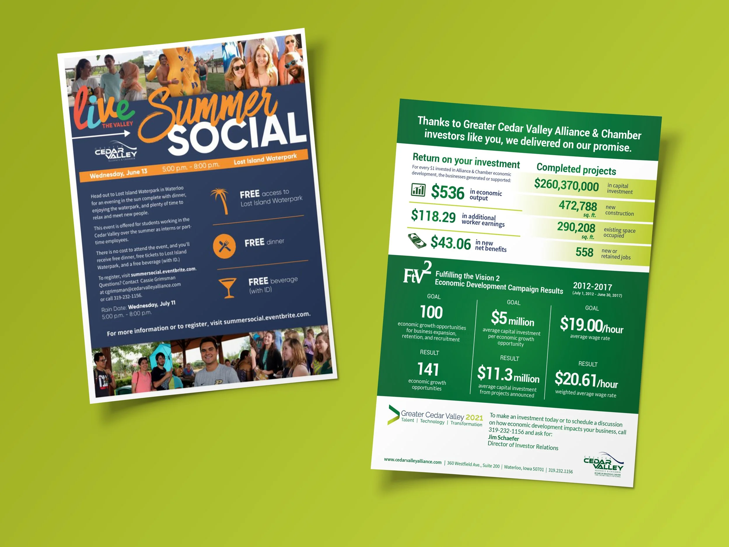 Greater Cedar Valley Alliance and Chamber flyers on green background