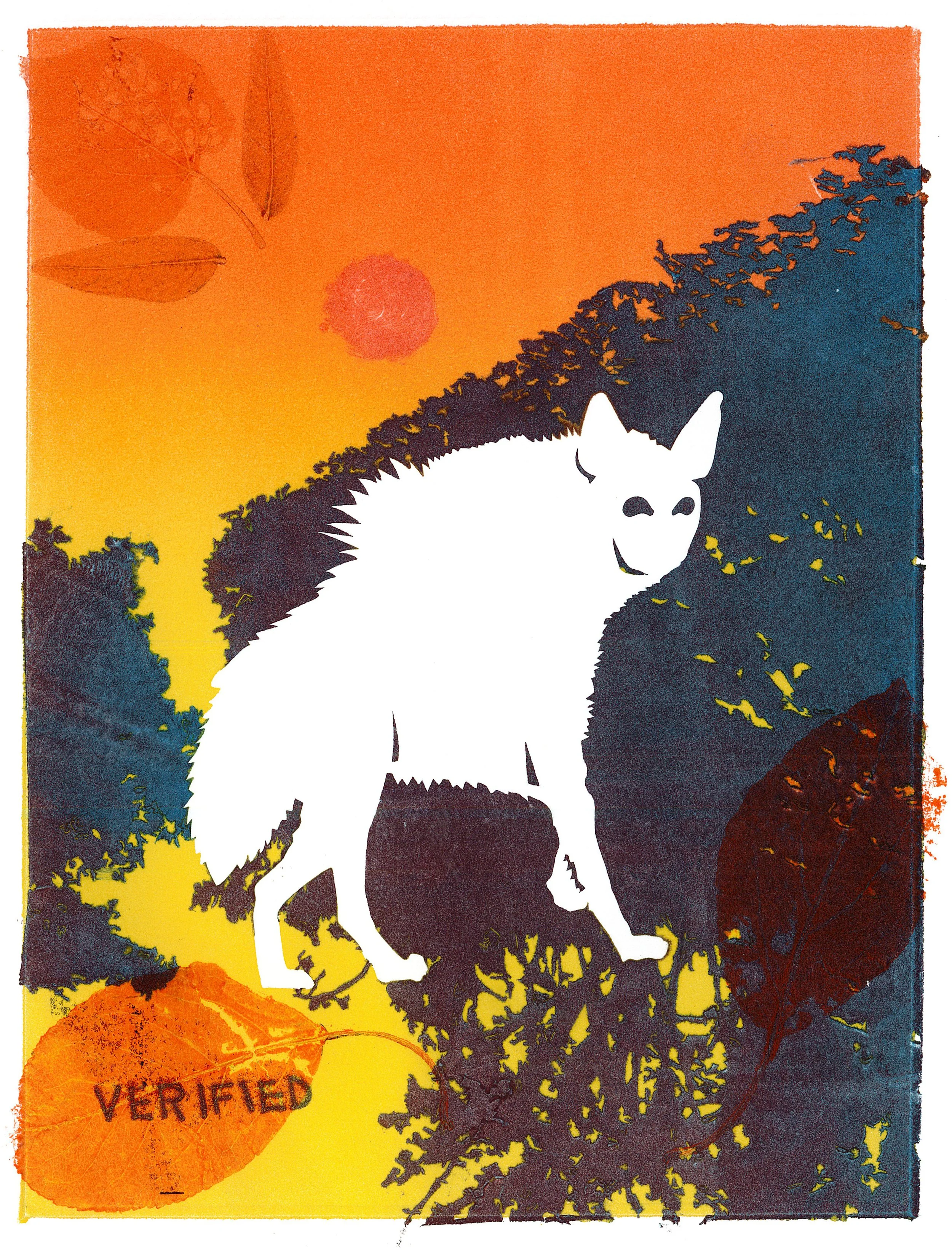 Hyena print with orange-yellow sky and white hyena