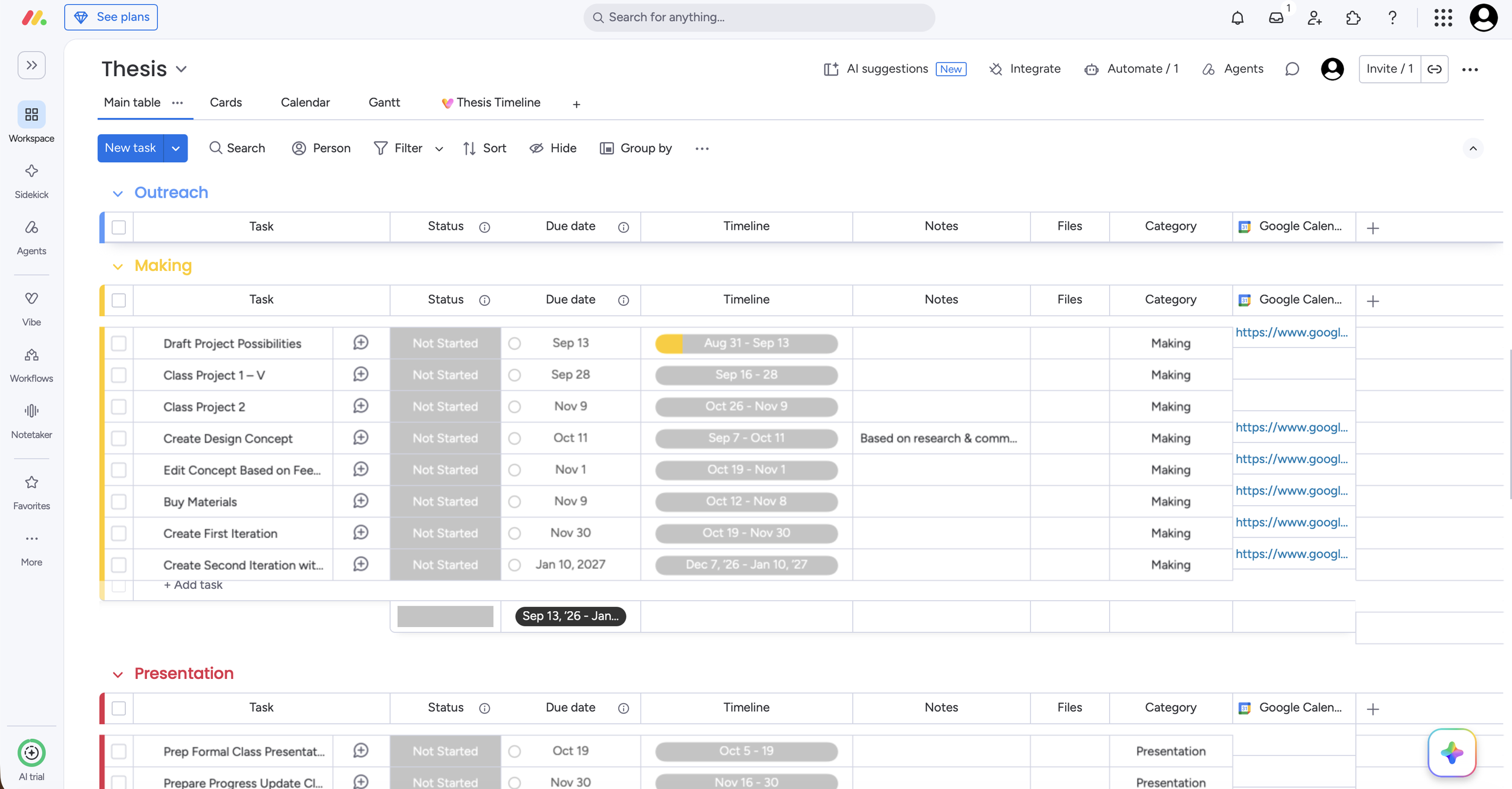 Screen capture of thesis timeline table