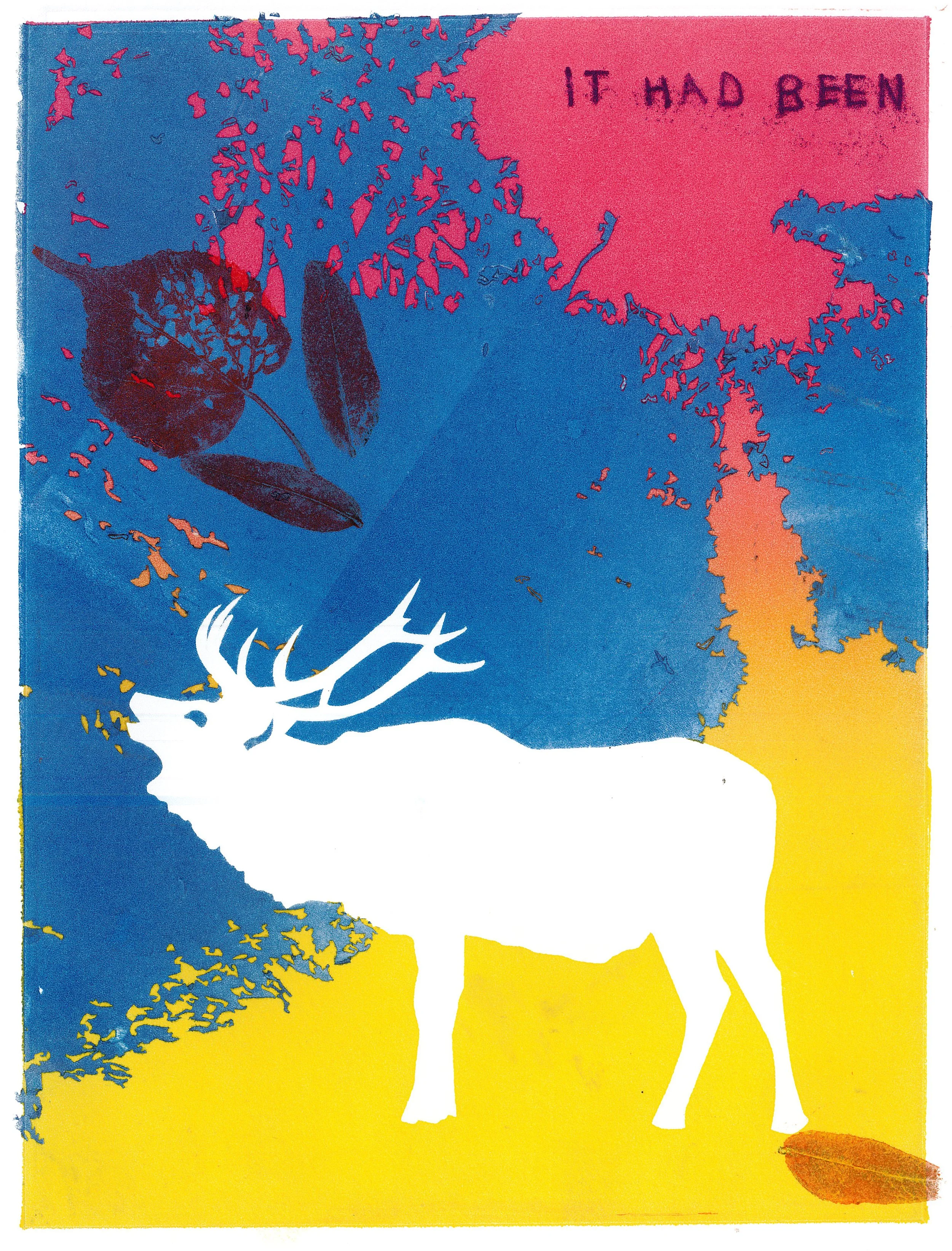 Elk print with pink and yellow sky and white elk