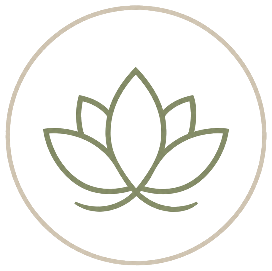 A minimalist logo of a stylized lotus flower inside a circle, with soft green and beige tones.