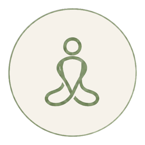 Minimalist illustration of a person sitting in a meditative pose with crossed legs and hands on knees, inside a circular border.