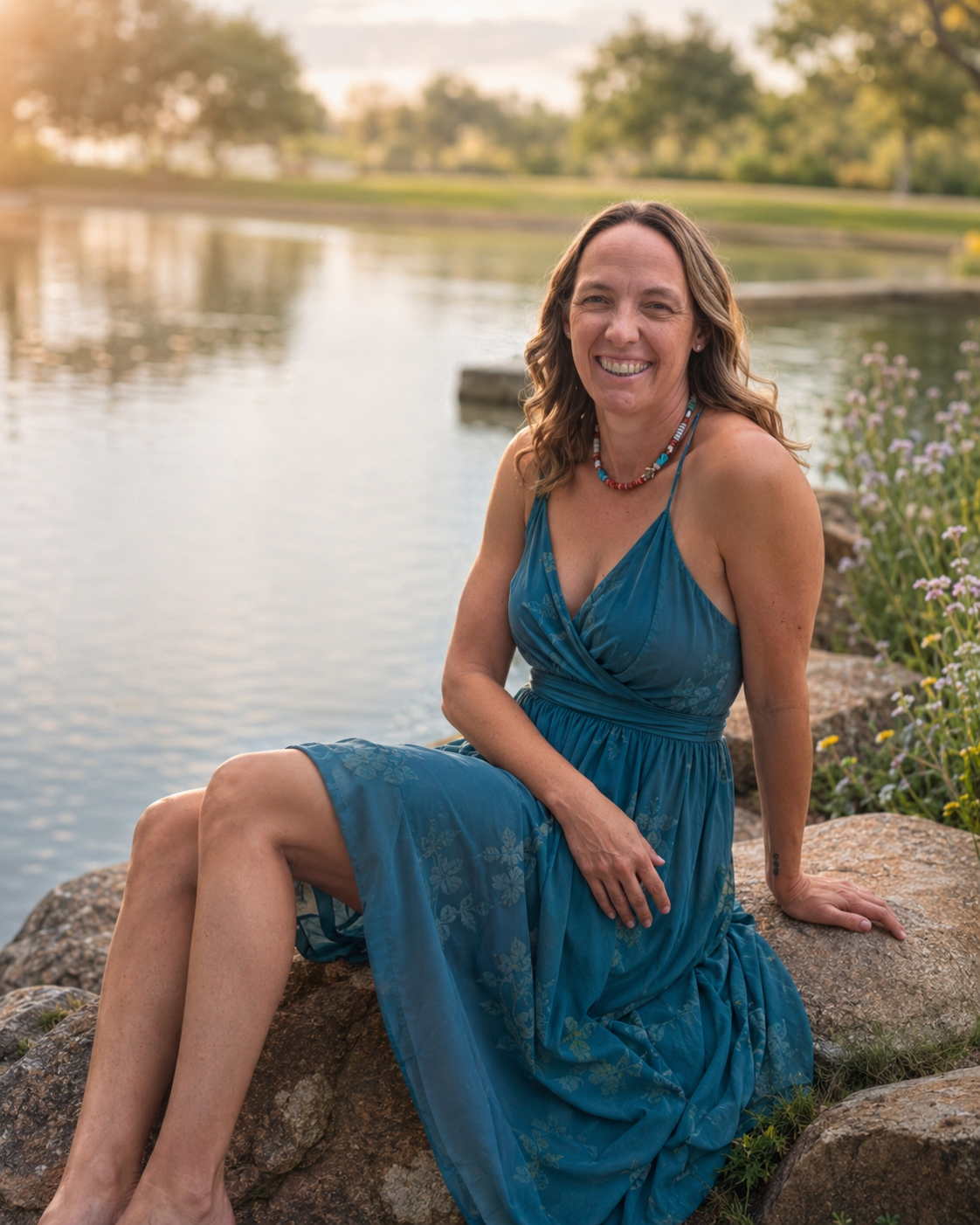 A woman in a blue dress sitting on rocks by a lakeside with trees in the background at sunset.