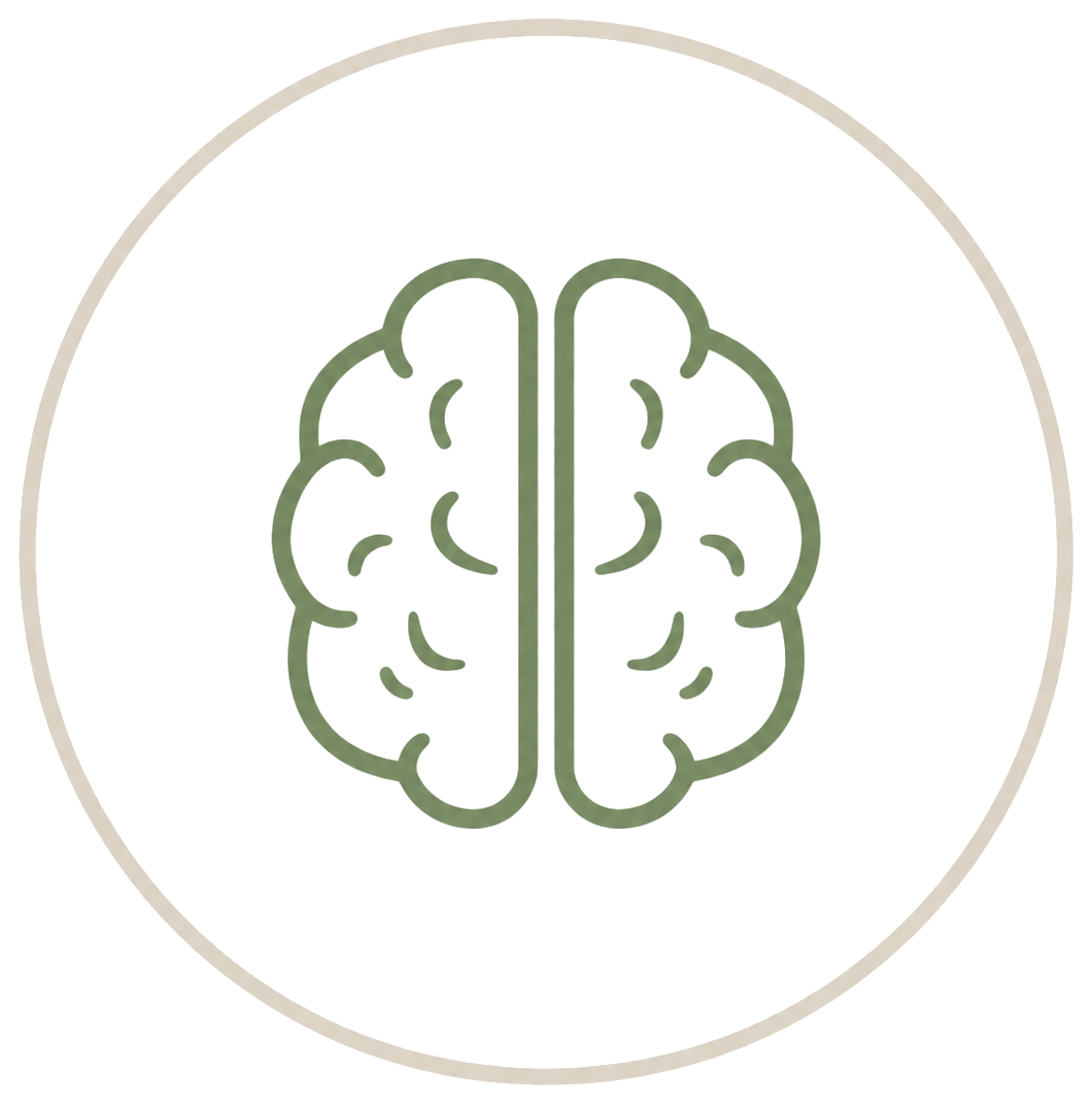 Outline drawing of a human brain within a circular border.