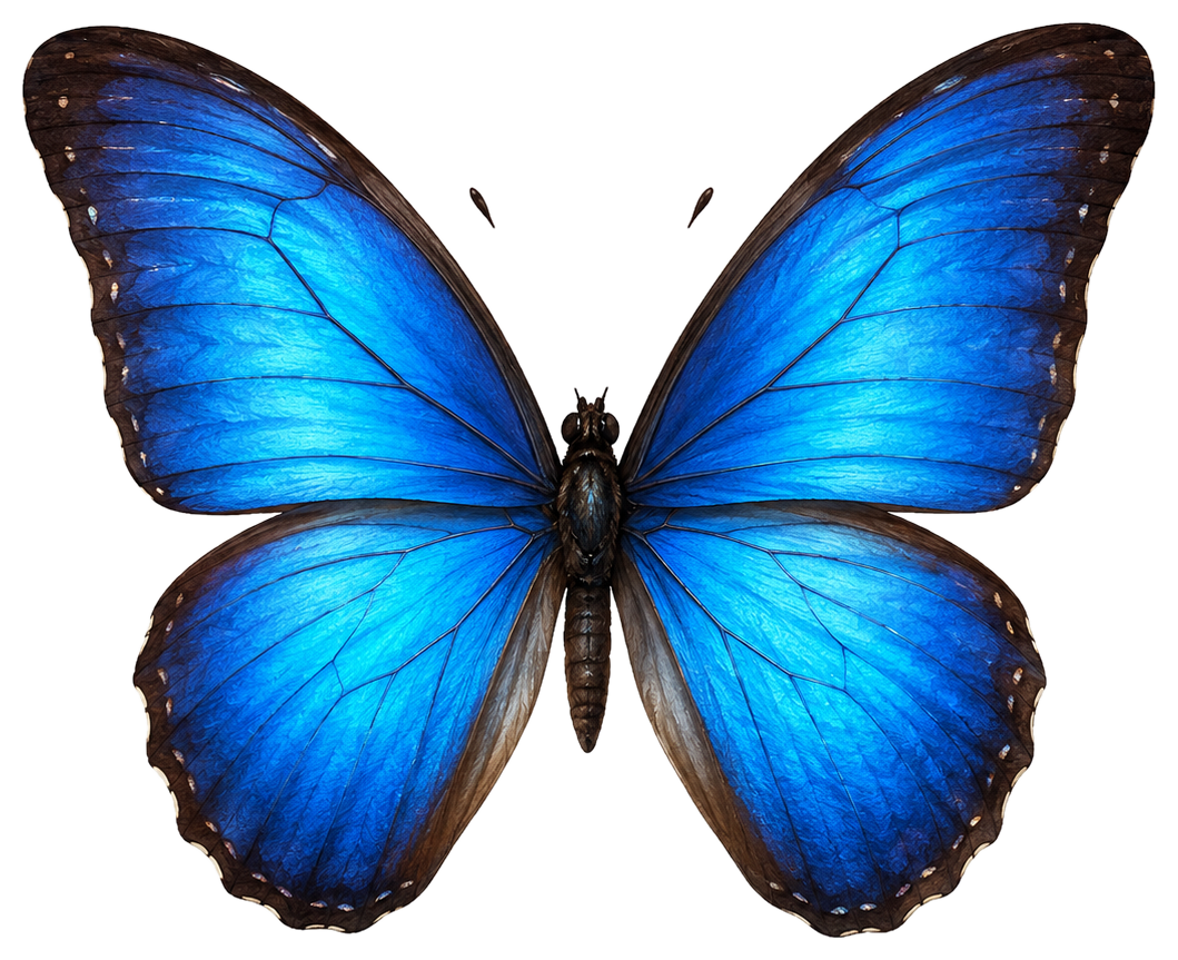 A close-up view of a blue butterfly with its wings spread open.