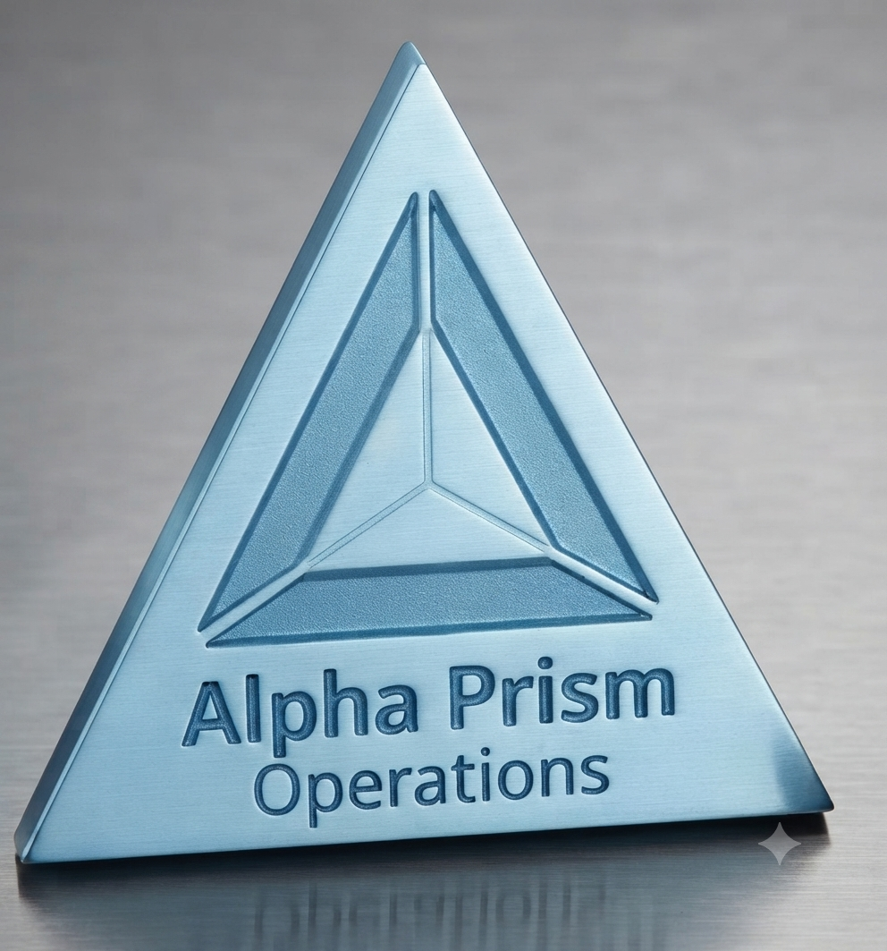A metallic triangular emblem with a 3D triangular design and the text 'Alpha Prism Operations' engraved on it.