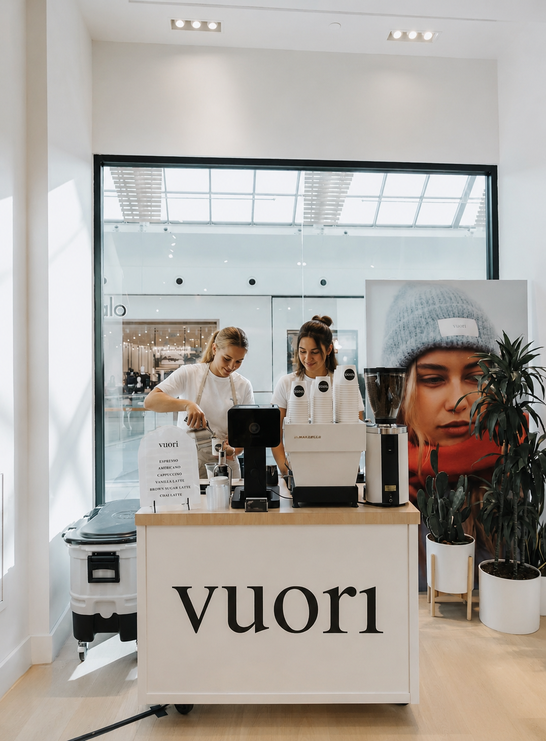 coffee cart in retail environment at Vuori offering espresso coffee and matcha beverages catering.