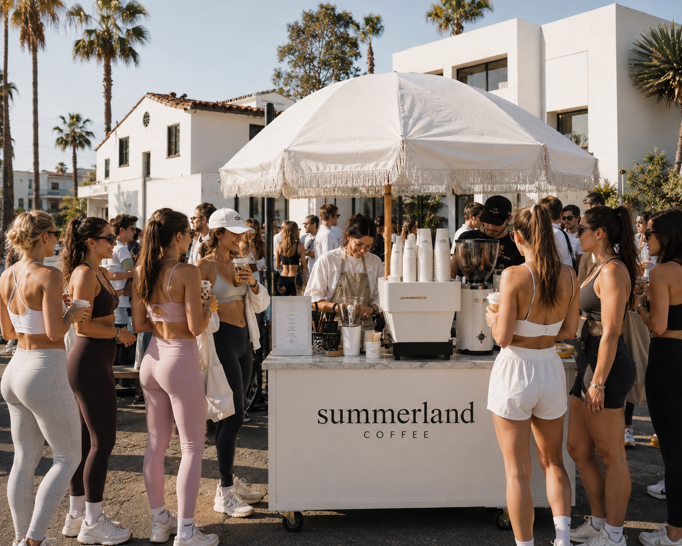 A group of young women in athletic pilates wear standing in line at a coffee cart commissioned by pilates studio, labeled "Summerland Coffee" outdoors with palm trees and modern white buildings in the background.  After class matcha