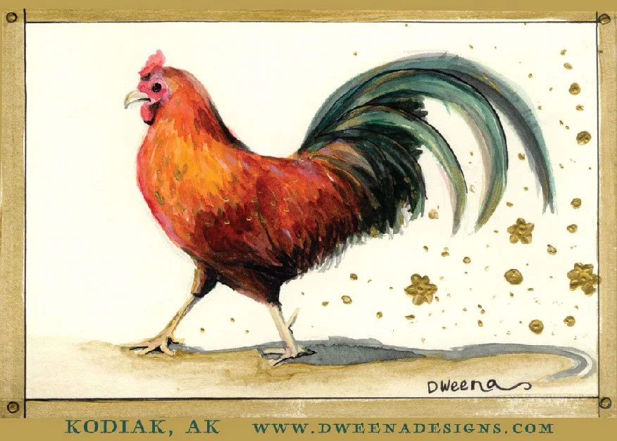 Vibrant Rooster Art Print with Gold Flourishes