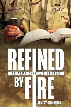 Cover of the book 'Refined by Fire' featuring a person in uniform holding a cup and reading a book.