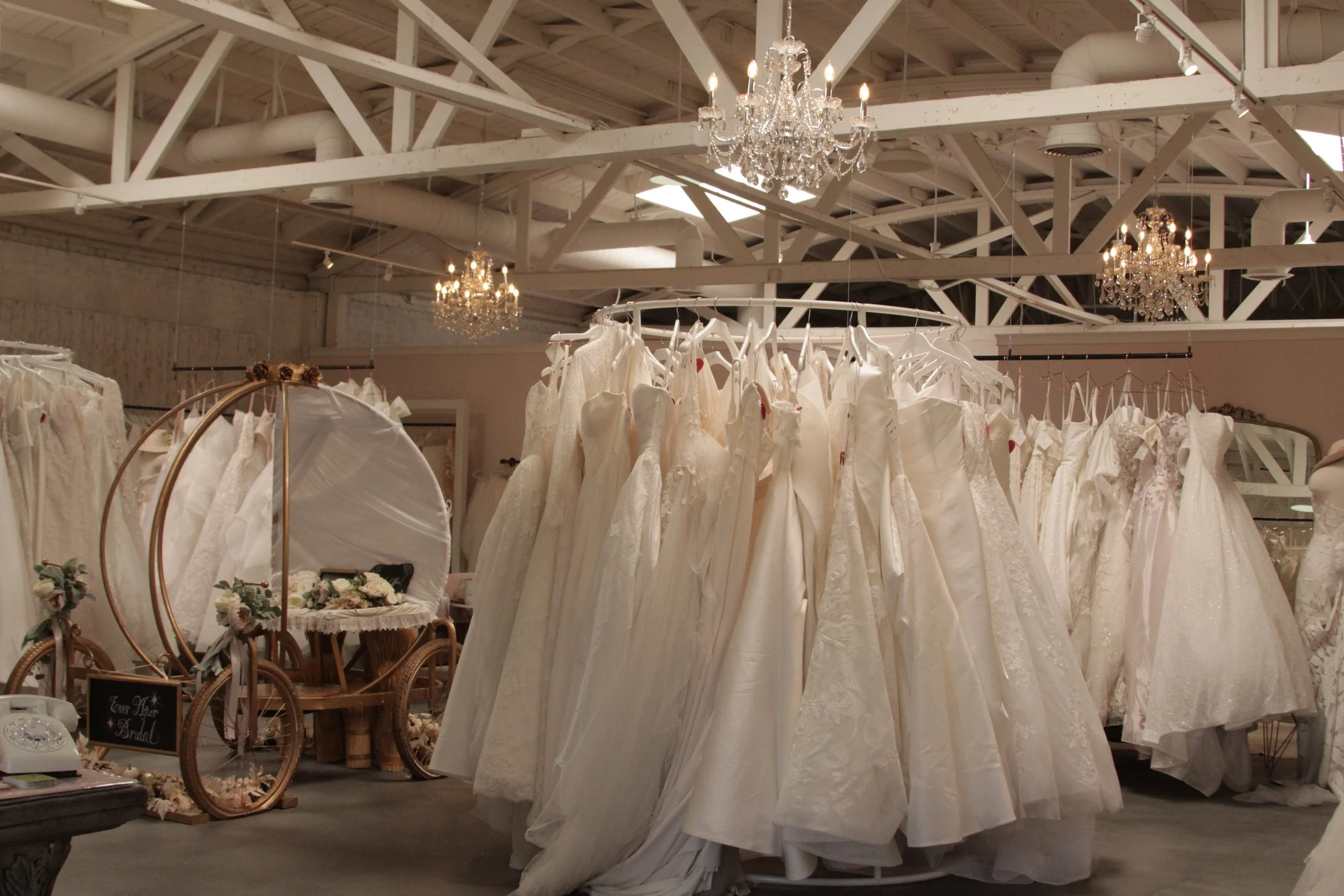 Display of wedding dresses hanging on racks in Ever After bridal boutique