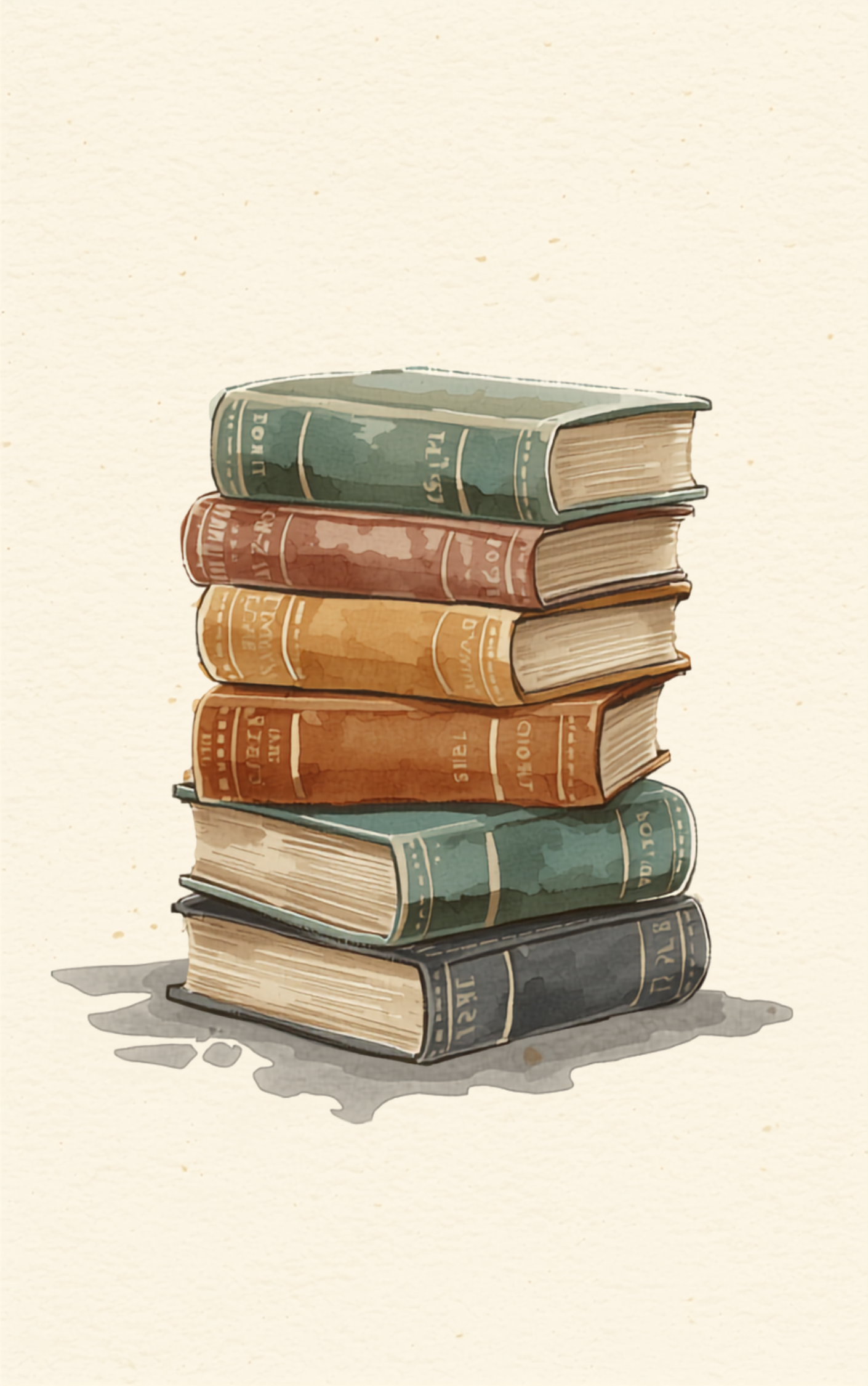 A watercolor painting of a tall stack of eight books of various colors, casting a shadow on a light background.