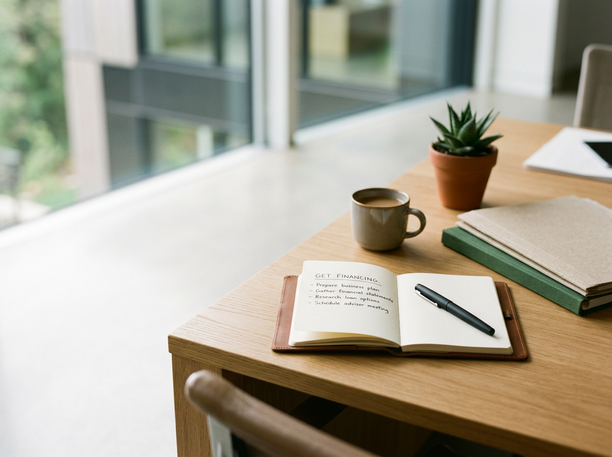 A tidy desk with a notebook, a pen, a coffee mug, a potted succulent, and a stack of folders in front of a large window.