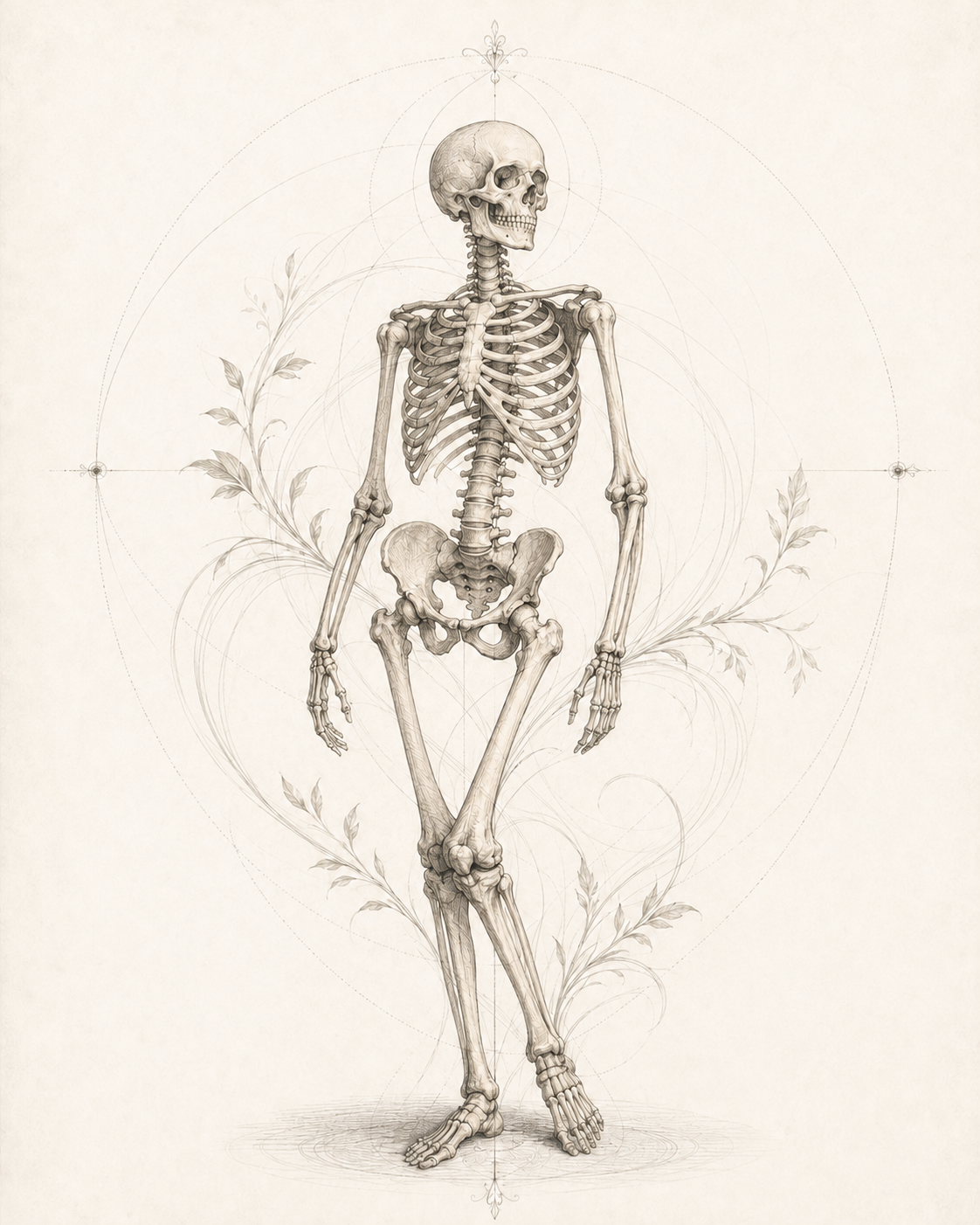 An illustrated human skeleton standing in an artistic pose with decorative swirling lines and leaves surrounding it.