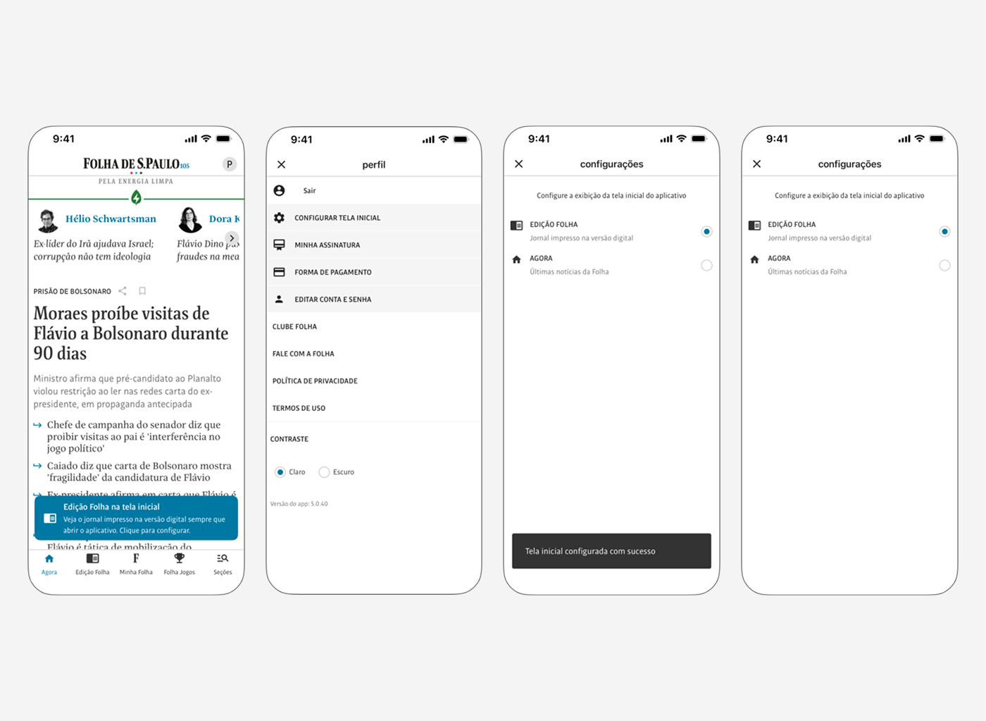 Capturas de tela de um aplicativo de notícias e configurações, mostrando artigos, opções de perfil, configurações de exibição, e seleção de tema claro ou escuro.